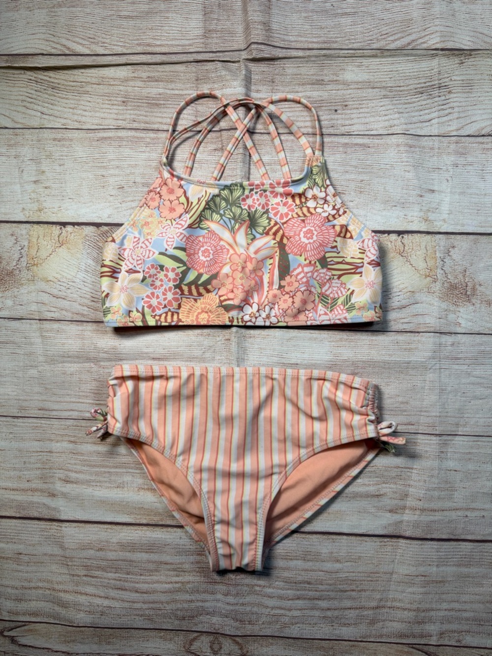 Roxy Peach Floral & Stripe‎ Girls' Two-Piece Swim Set